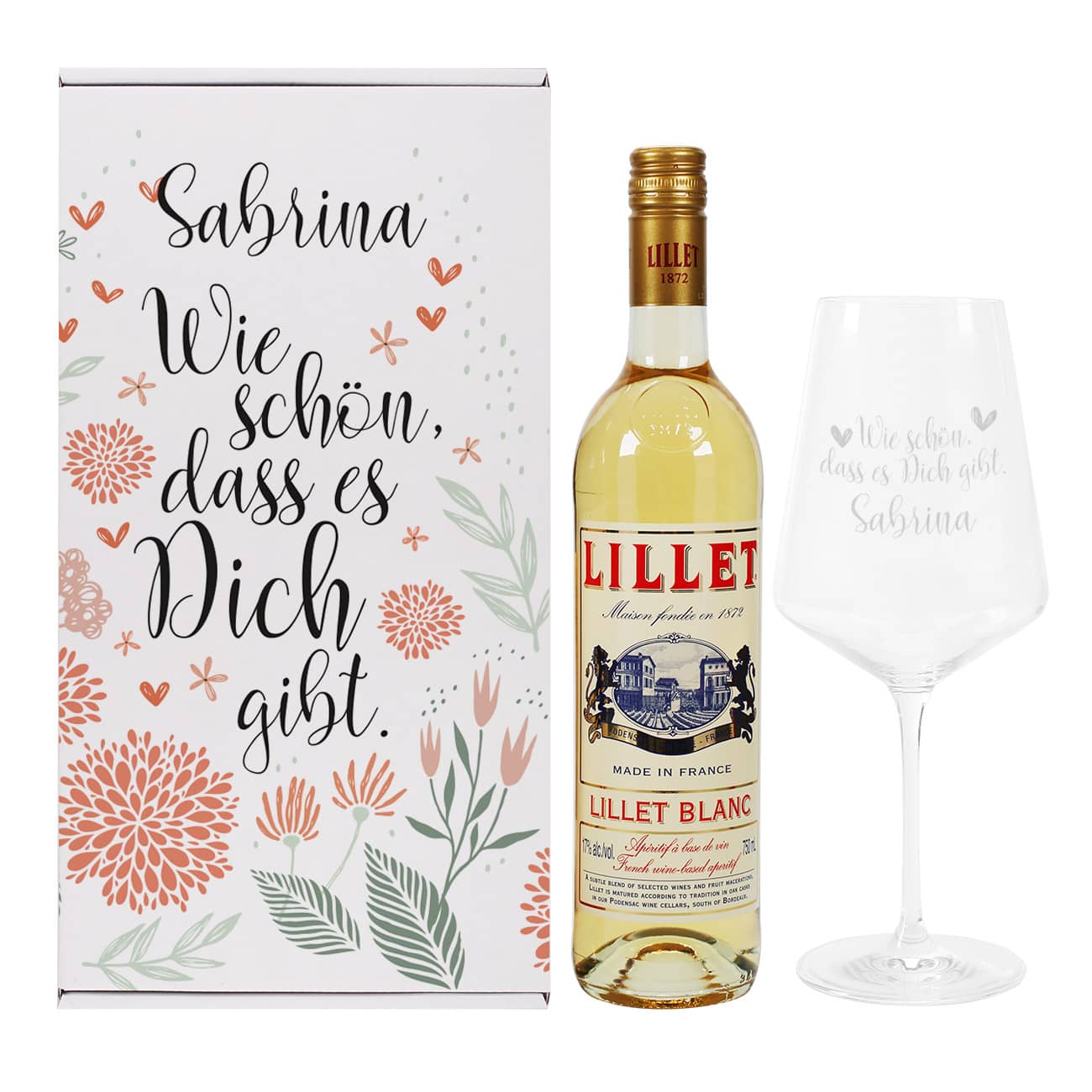 Geschenkbox "Wie schön, dass es Dich gibt" als Set mit Lillet Blanc und graviertem Weinglas 
