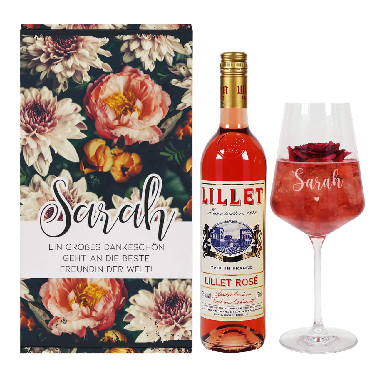 Lillet Rosé Geschenkset mit eleganter Verpackung mit Vintage-Blumen bedruckt und Ihren Wunschangaben gestaltet