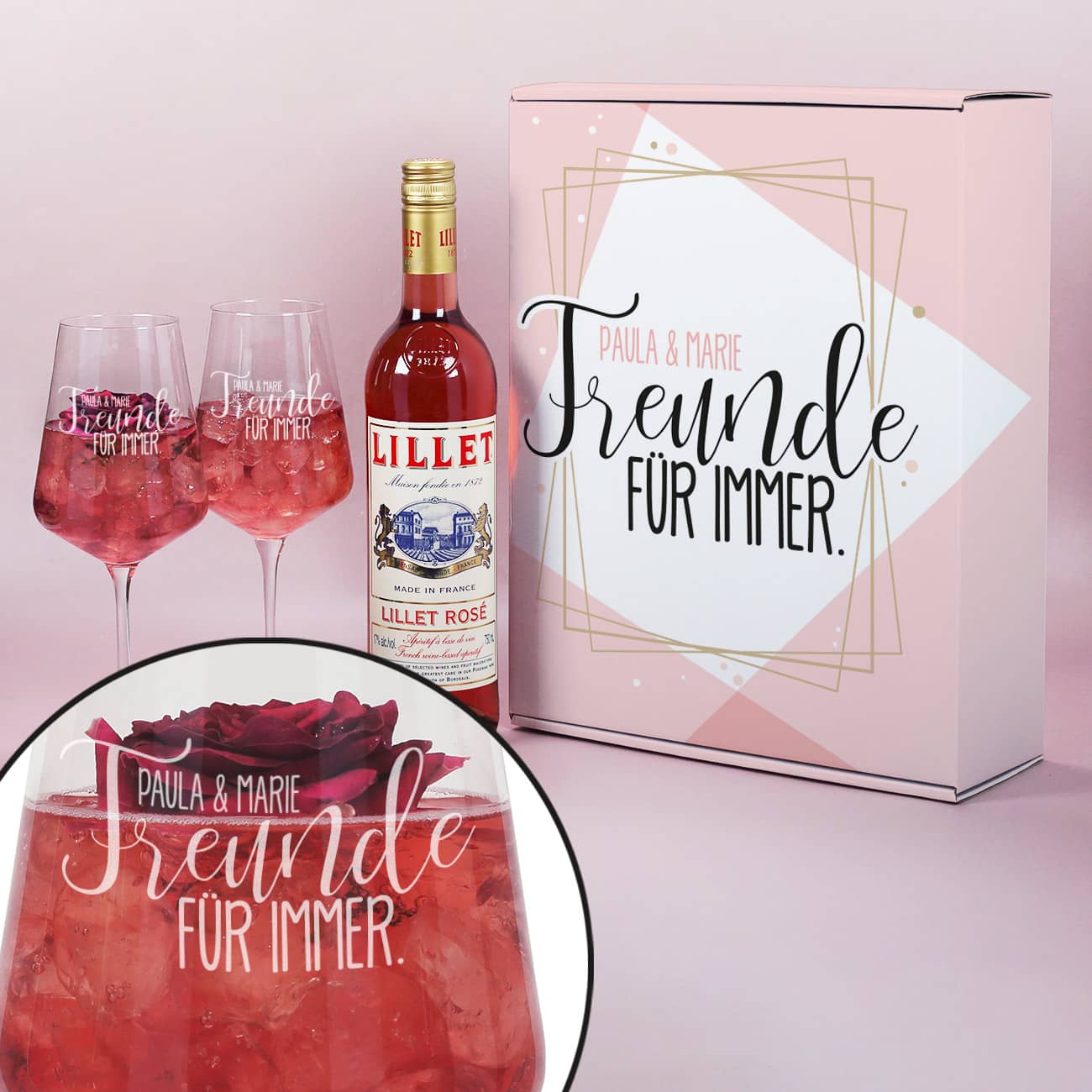 Lillet Präsentset "Freunde für immer" mit zwei gravierten Gläsern und toller Geschenkbox