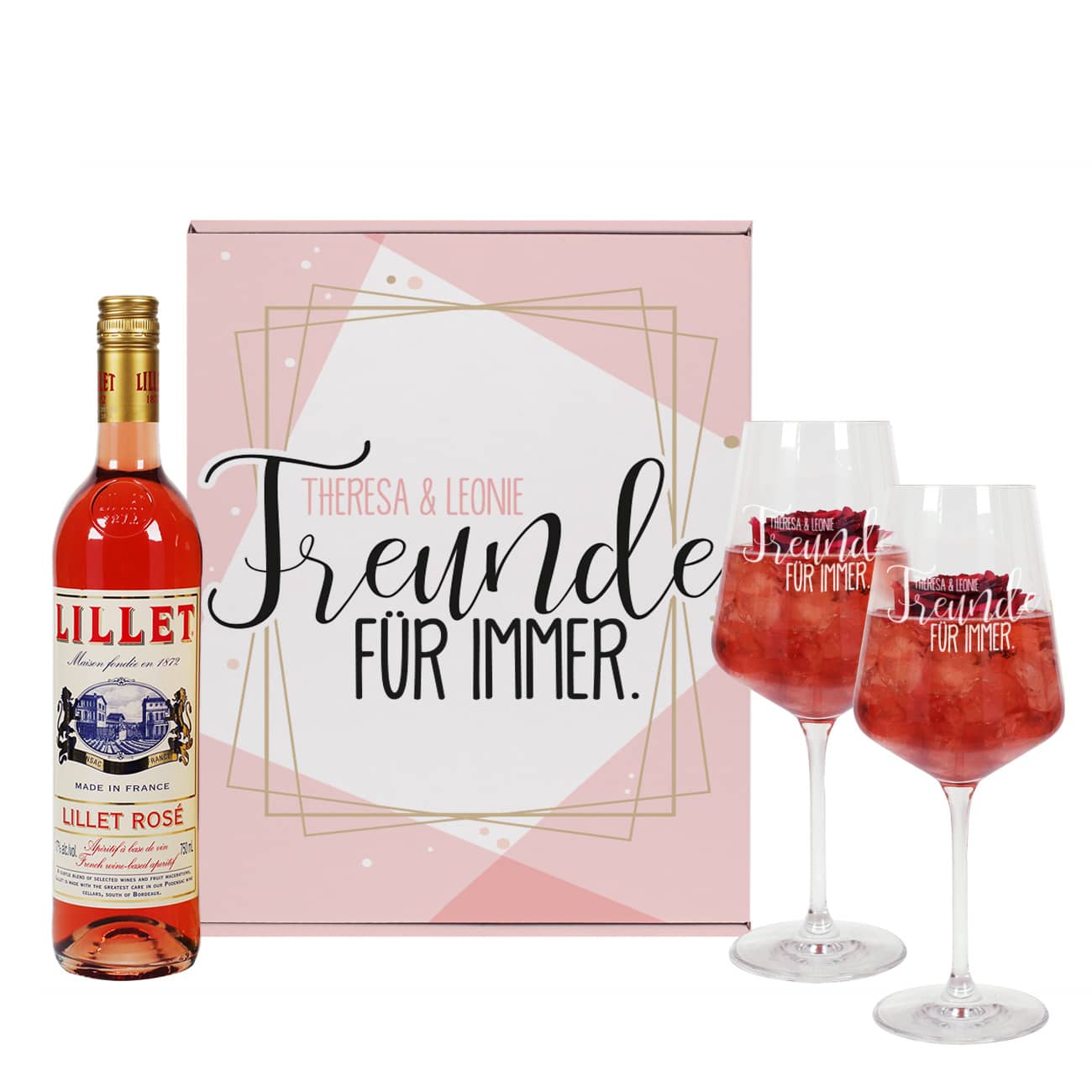 Geschenkset "Freunde für immer" mit gravierten Weingläsern und Lillet Rosé