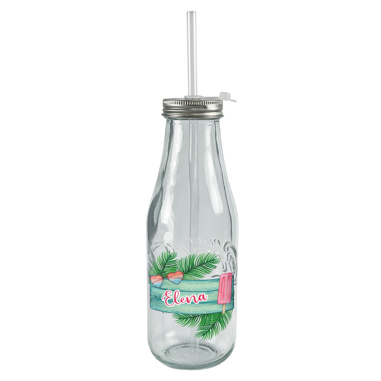 Freigestellte Glasflasche mit tropischem Design und Name „Elena“