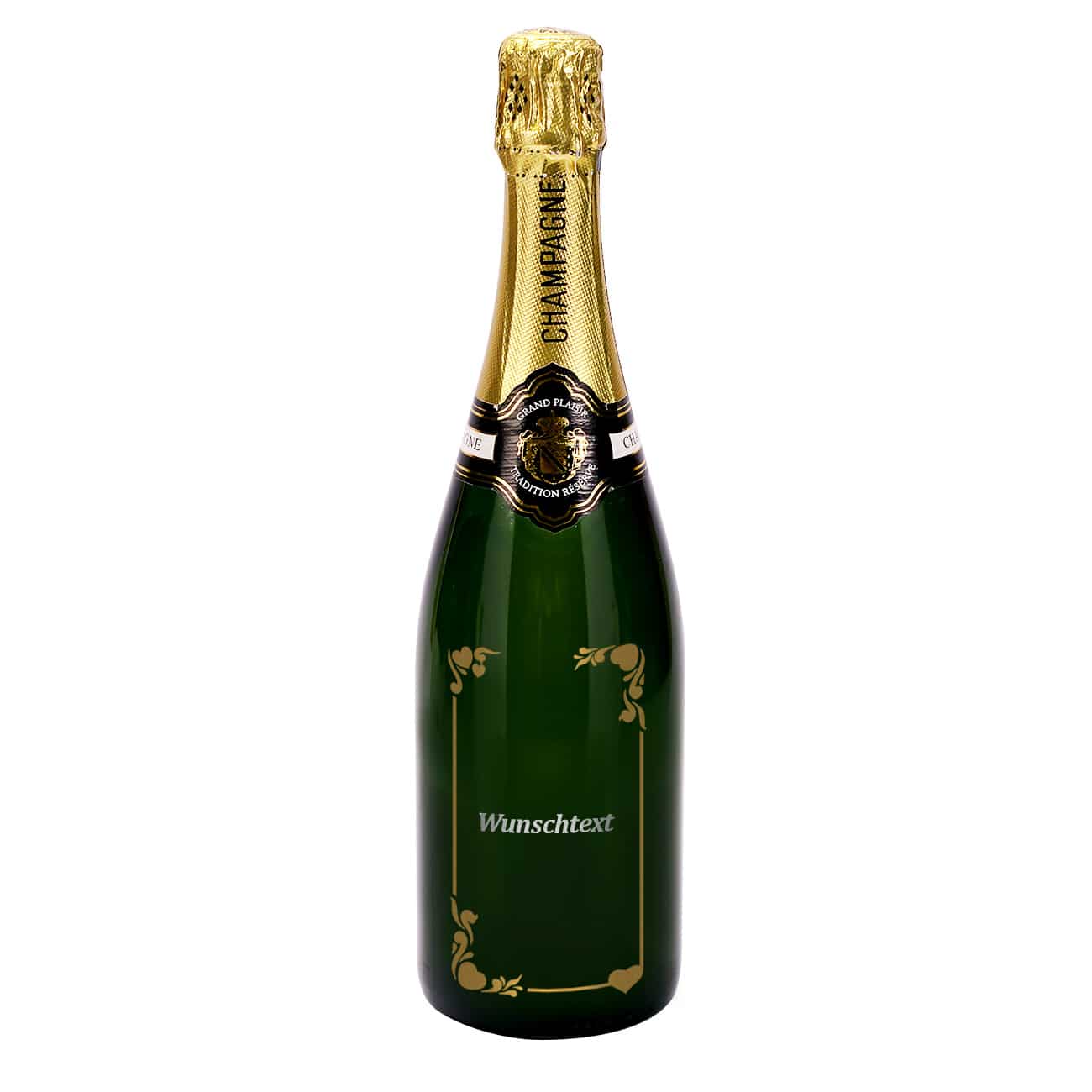 Champagnerflasche mit silberner und goldener Gravur Ihres Wunschtextes und Ornament