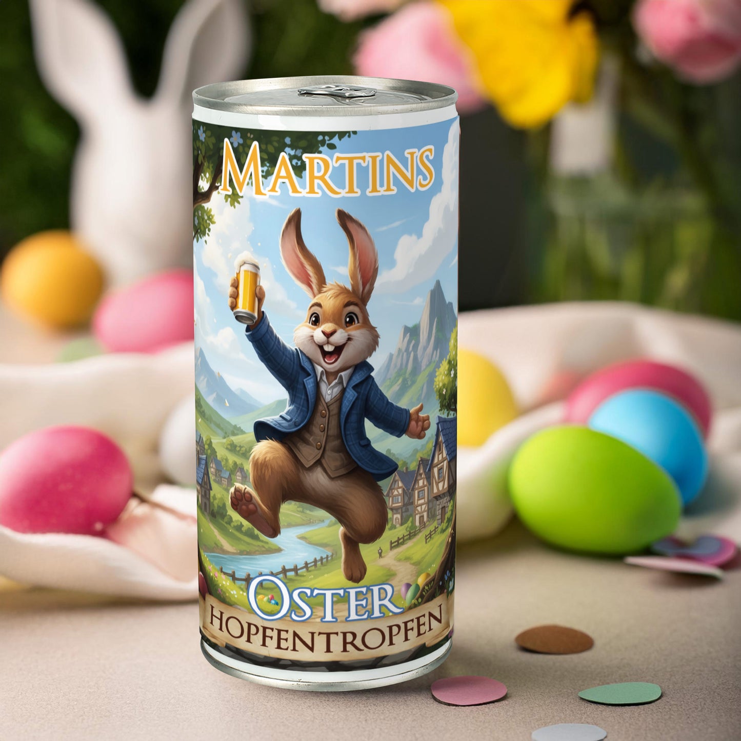 Personalisierte Oster Bierdose mit Name neben gefülltem Bierglas, Hasenmotiv „Oster Hopfentropfen“