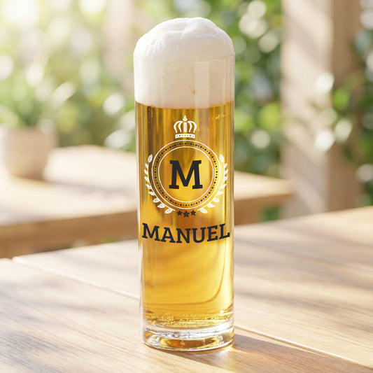 Kölschglas mit Wappenmotiv, Initiale M und Name Manuel als personalisiertes Biergeschenk