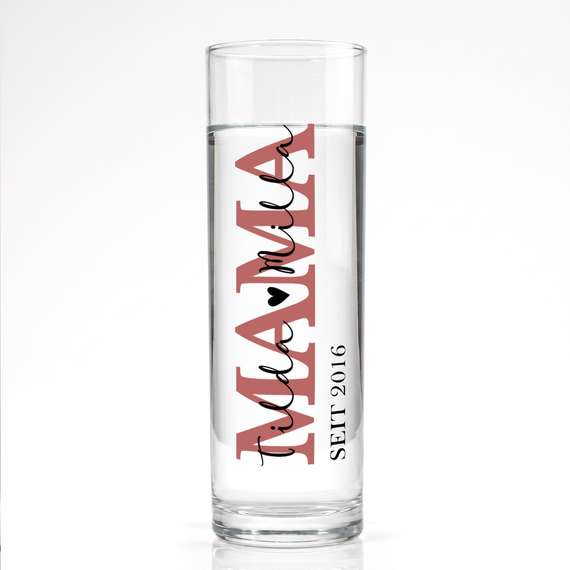 Personalisierte Knospenvase aus Glas mit MAMA Schriftzug, Tilda und Mila sowie Jahreszahl 2016