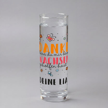 Transparente Glasvase mit Danke Spruch, Schmetterlingen und personalisiertem Wunschtext