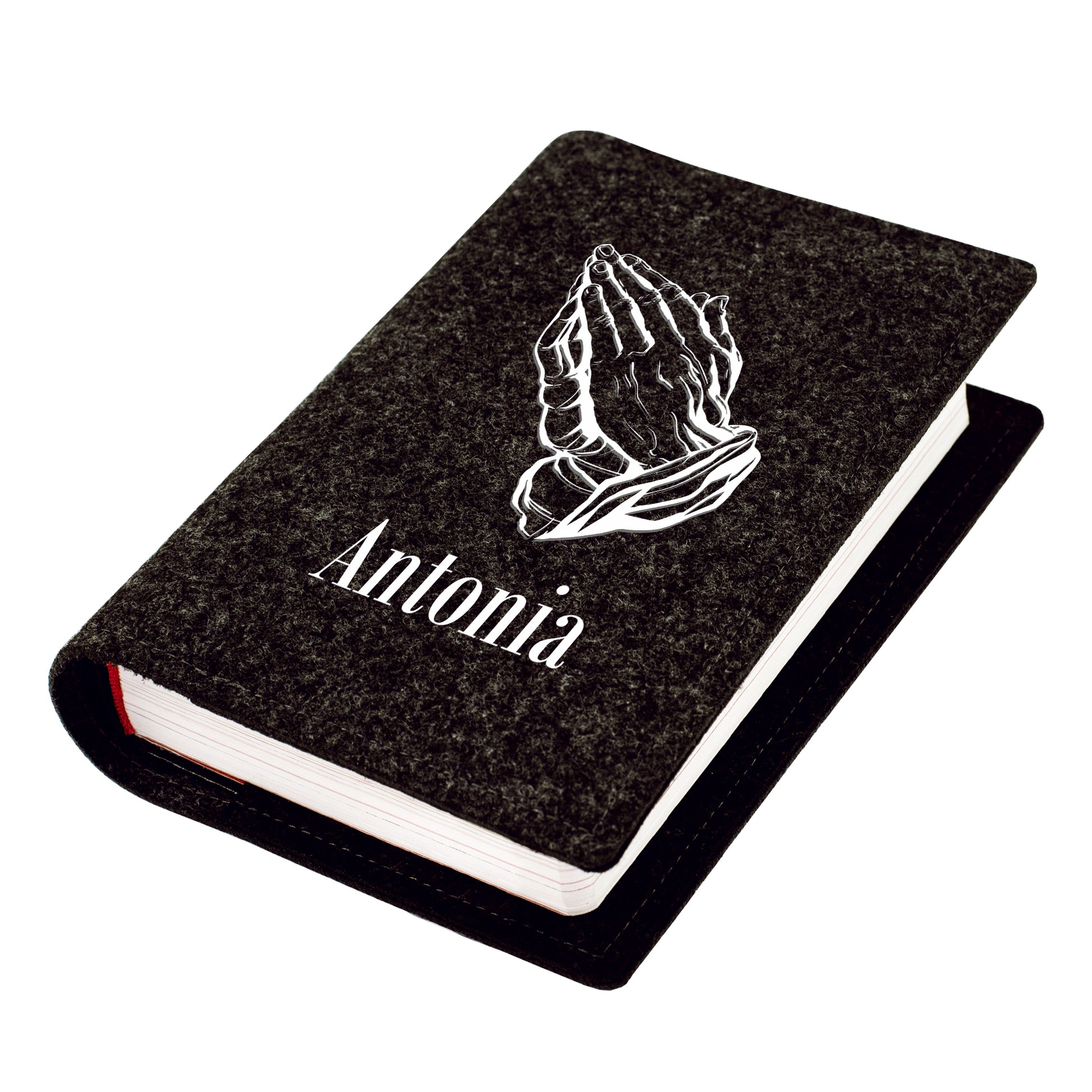 Anthrazit Buchhülle für Gesangbuch oder Bibel mit betenden Händen und Name Antonia als Geschenkidee