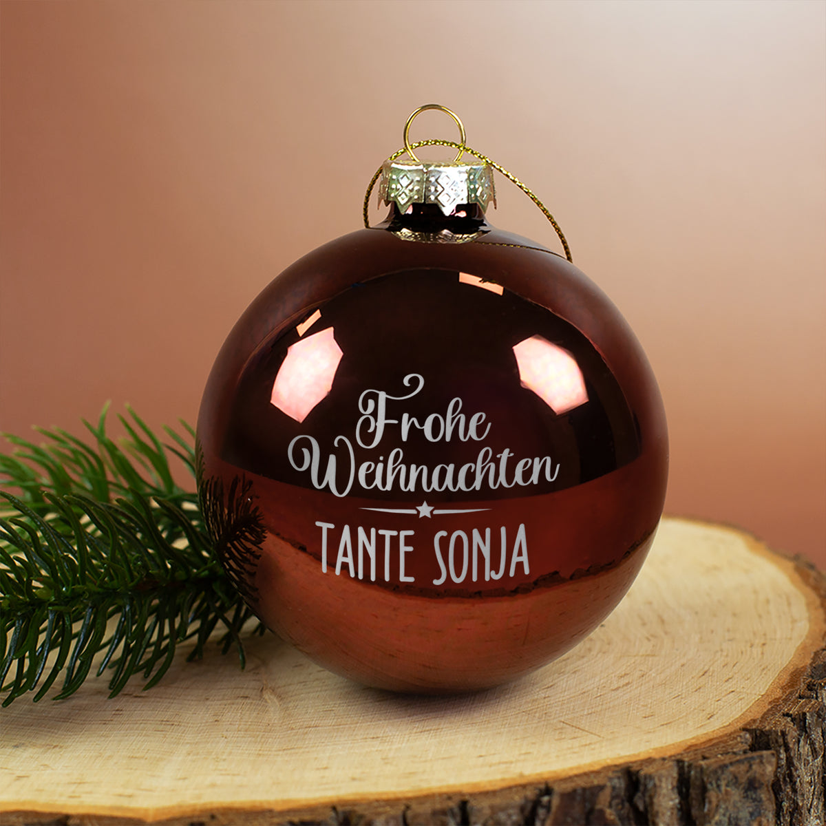 Weihnachtskugel mit Name graviert 'Frohe Weihnachten' | Christbaumkugeln 8 cm in Burgund Rot