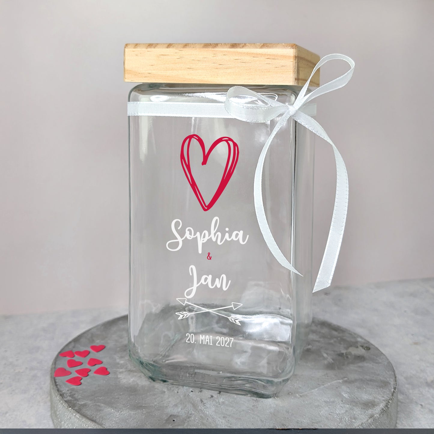 Vorratsglas mit Herz und Namen „Sophia & Jan“ – gefüllt mit Süßigkeiten