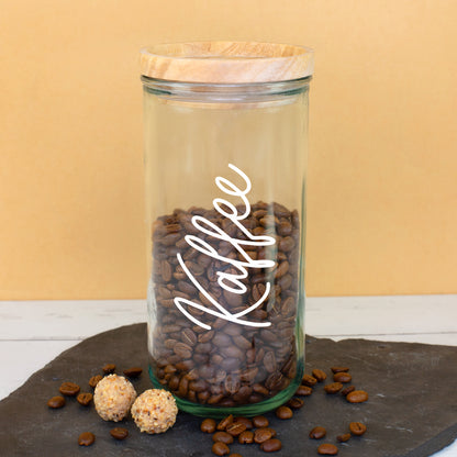 Glasdose mit Wunschtext Kaffee, Holzdeckel und Kaffeebohnen als personalisiertes Vorratsglas