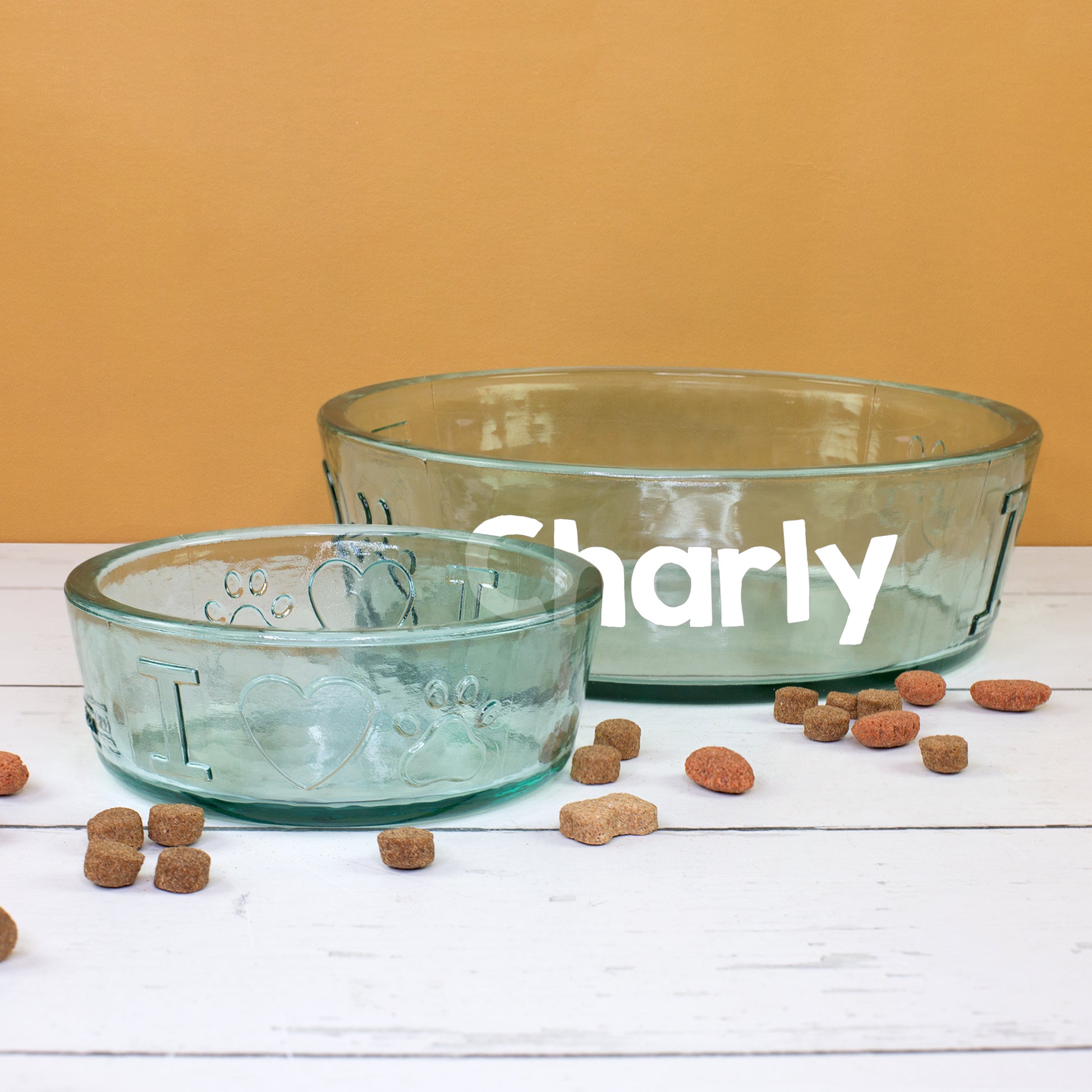Zwei Hundenäpfe aus recyceltem Glas in unterschiedlichen Größen mit personalisiertem Namen Charly