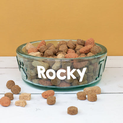 Personalisierter Glas Hundenapf mit Name Rocky gefüllt mit Futter auf weißem Holztisch