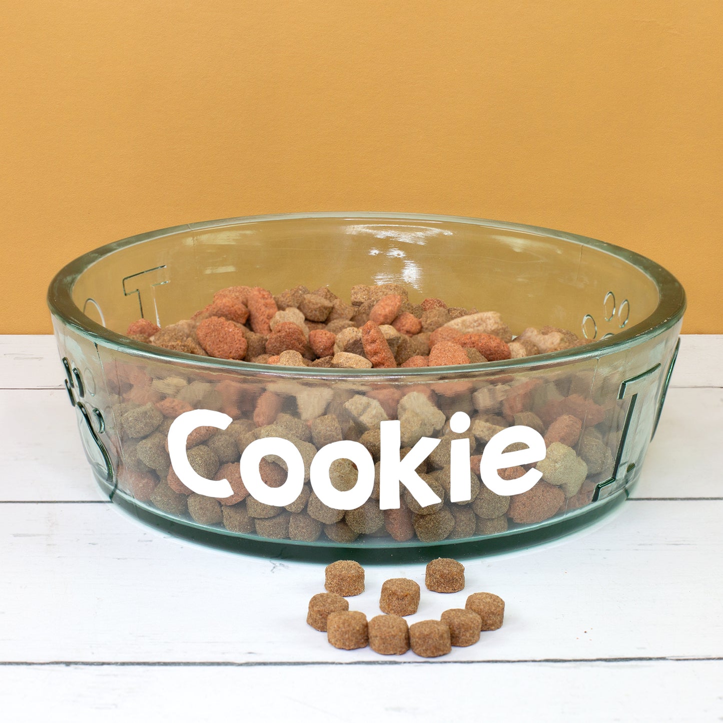 Glasnapf für Hunde mit Trockenfutter und personalisiertem Namen Cookie