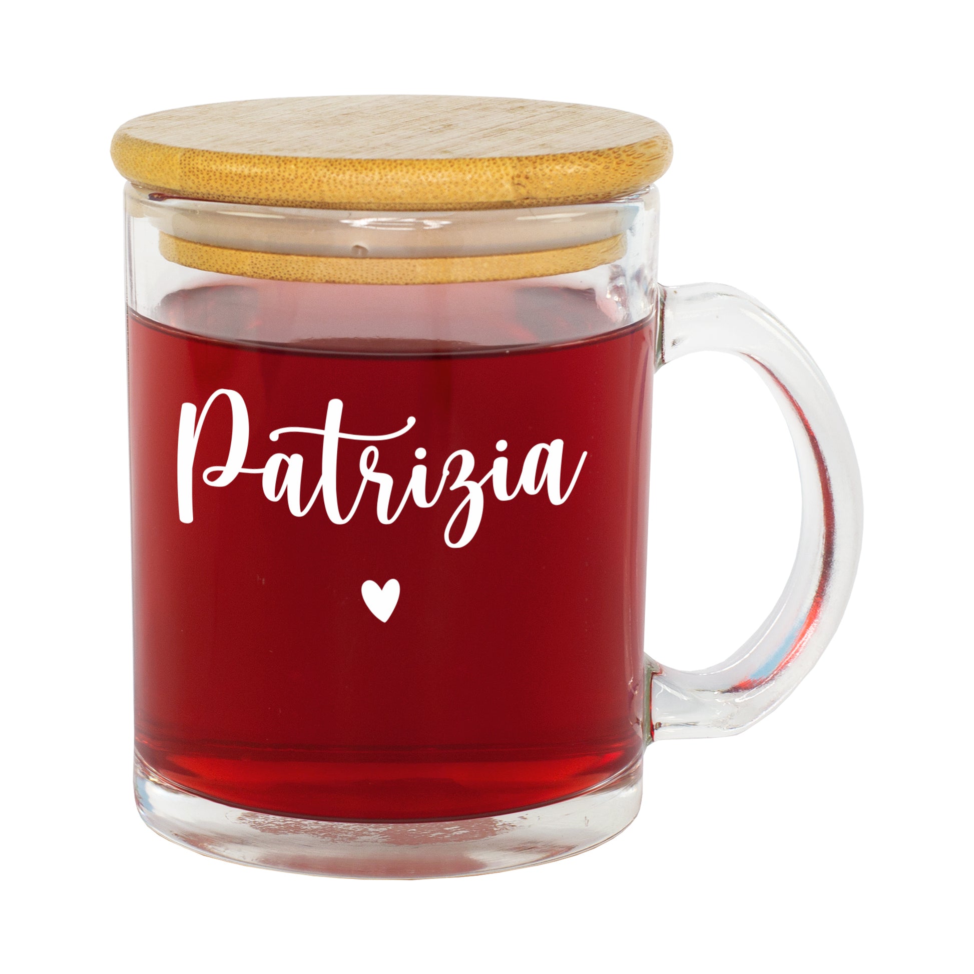 Glastasse mit Bambusdeckel und weißem Namensaufdruck Patrizia