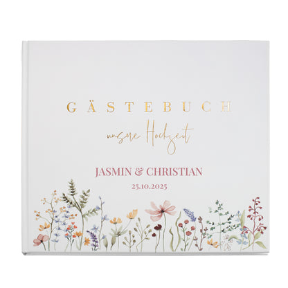 Elegantes Gästebuch zur Hochzeit personalisiert mit Namen & Datum | Illustriertes Erinnerungsbuch