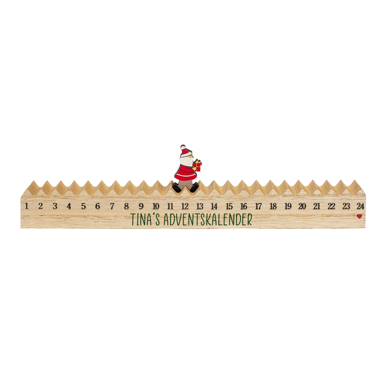 Personalisierter Holz-Adventskalender mit Aufdruck „Tina’s Adventskalender“ und Weihnachtsmann-Figur
