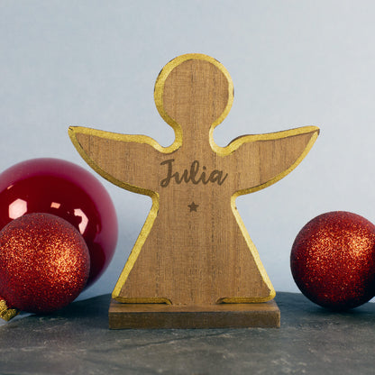 Personalisierte Weihnachtsfigur aus Holz mit Gravur & Goldrand | Stern, Engel oder Tannenbaum