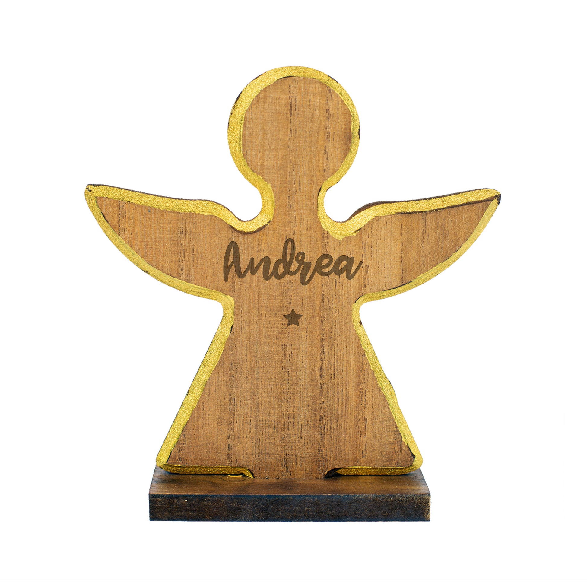 Holzengel mit goldener Kante, graviertem Namen „Daniel“ und kleinem Sternsymbol darunter, stehend auf einem Holzsockel, freigestellt vor weißem Hintergrund.