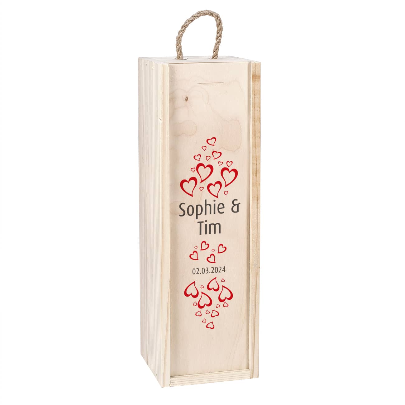 Weinflaschenverpackung aus Holz zur Hochzeit mit Namensaufdruck