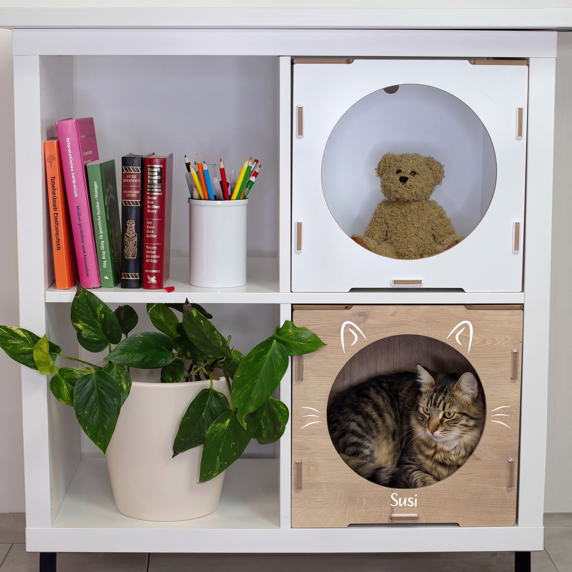 Personalisiertes Katzenhaus in Holzoptik im KALLAX Regal mit Katze und Name Susi