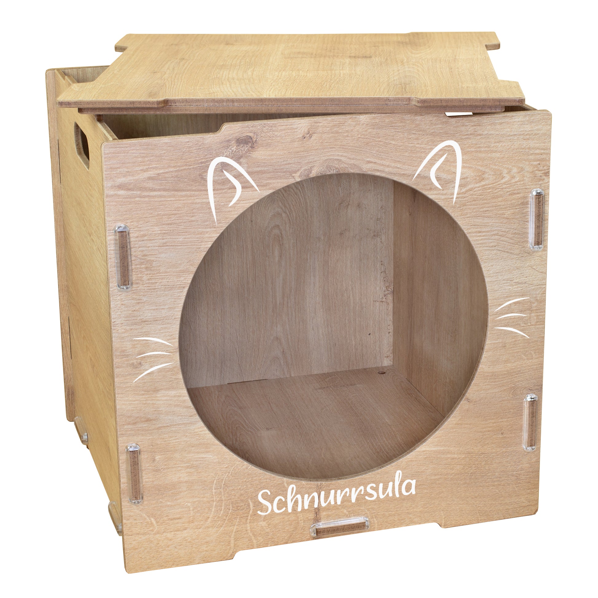 Katzenhaus in Holzoptik mit Katzenohren Motiv und Name Schnurrsula freigestellt