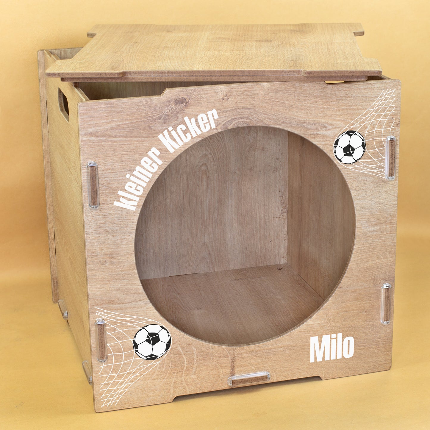 Torwand-Einsatz in Eiche Holzoptik mit Fußballmotiv, Wunschtext Mein Kicker und Name Milo
