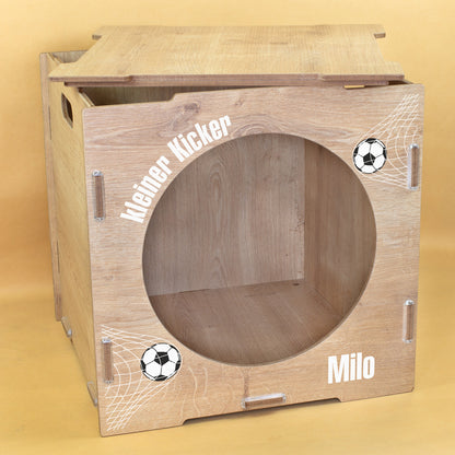 Torwand-Einsatz in Eiche Holzoptik mit Fußballmotiv, Wunschtext Mein Kicker und Name Milo