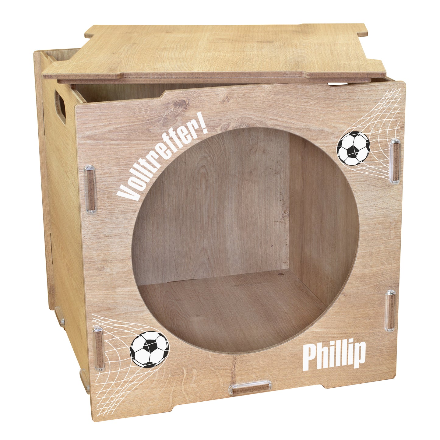 Torwand-Einsatz in Eiche Holzoptik mit Fußballnetz, Wunschtext Volltreffer und Name Phillip