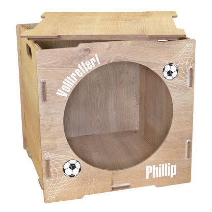Torwand-Einsatz in Eiche Holzoptik mit Fußballnetz, Wunschtext Volltreffer und Name Phillip