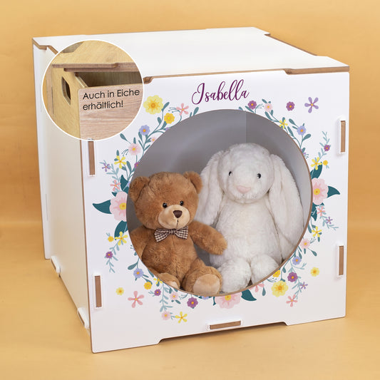 Personalisierter weißer Regaleinsatz mit Blumenmotiv, Name Isabella und Hinweis auf Eiche-Variante