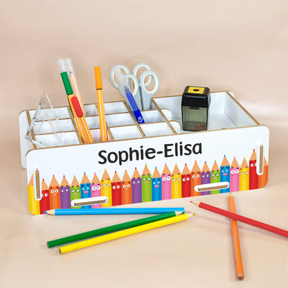 Weiße Stiftebox mit Name Sophie-Elisa, 16 Fächern und buntem Buntstifte-Design