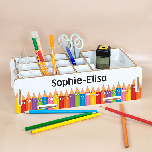 Weiße Stiftebox mit Name Sophie-Elisa, 16 Fächern und buntem Buntstifte-Design