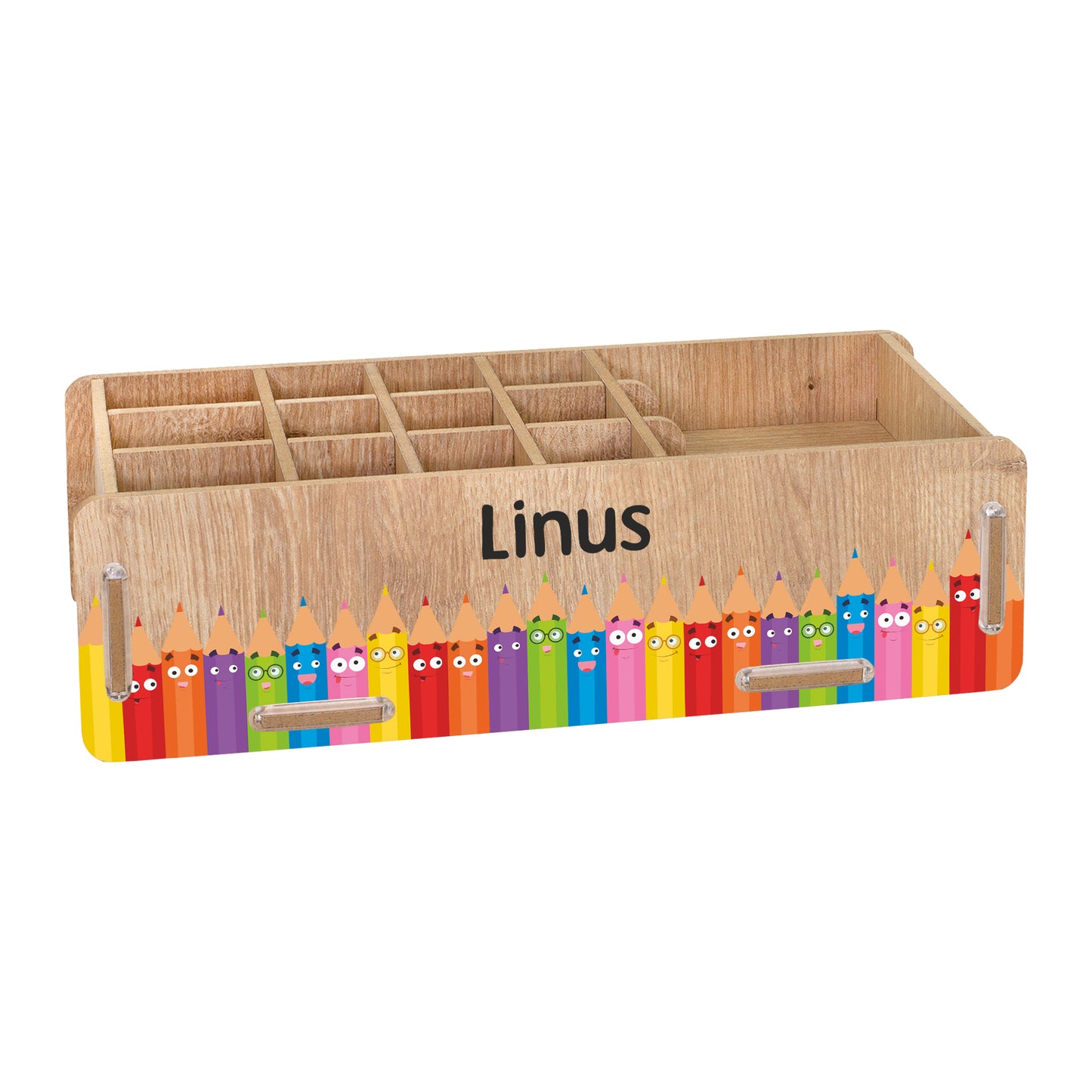 Personalisierte Stiftebox in Holzoptik mit Name Linus und fröhlichen bunten Stiften freigestellt