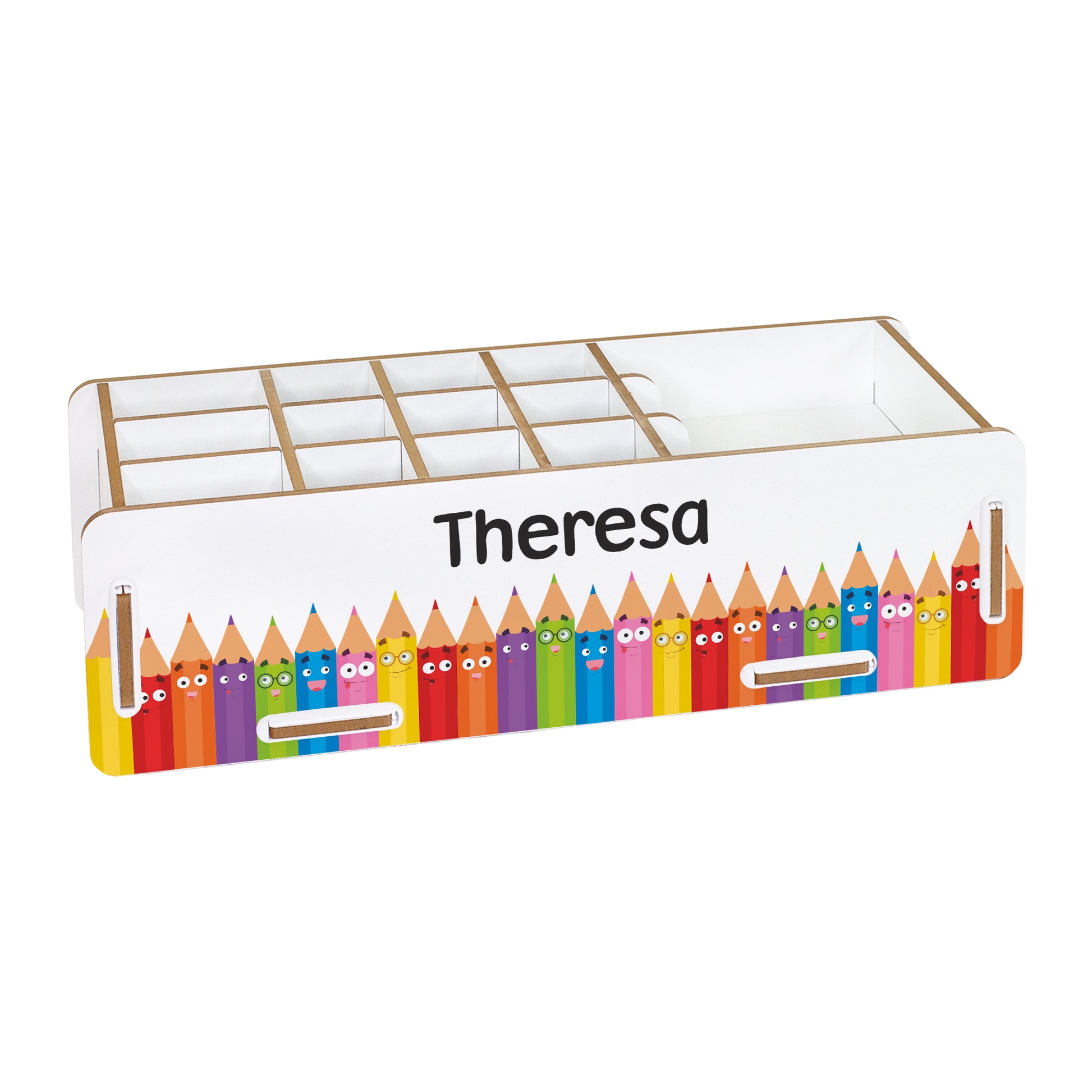 Weiße personalisierte Stiftebox mit Name Theresa und buntem Buntstifte-Motiv freigestellt