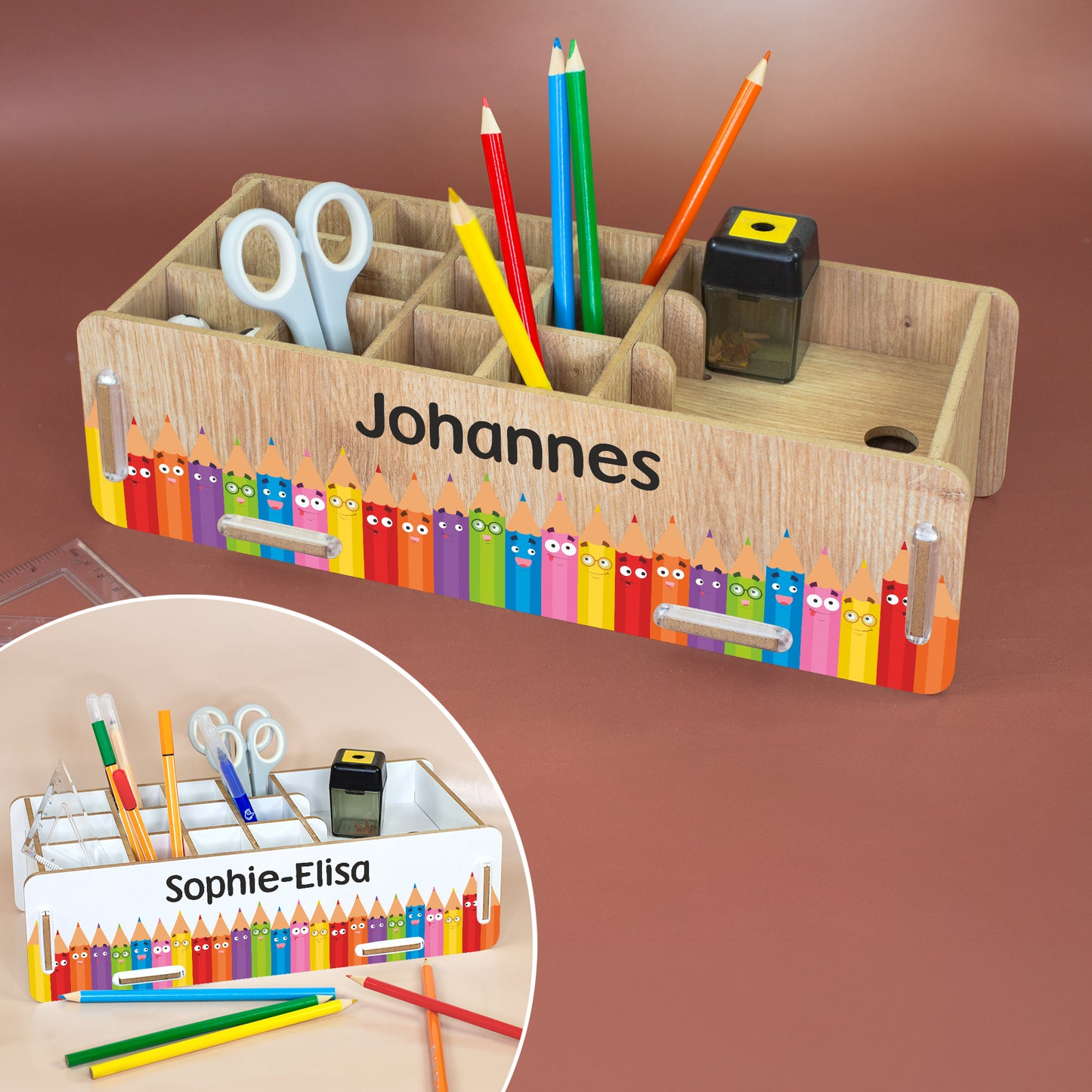 Produktvorschau der personalisierten Stiftebox in Holzoptik und Weiß mit Buntstifte-Design