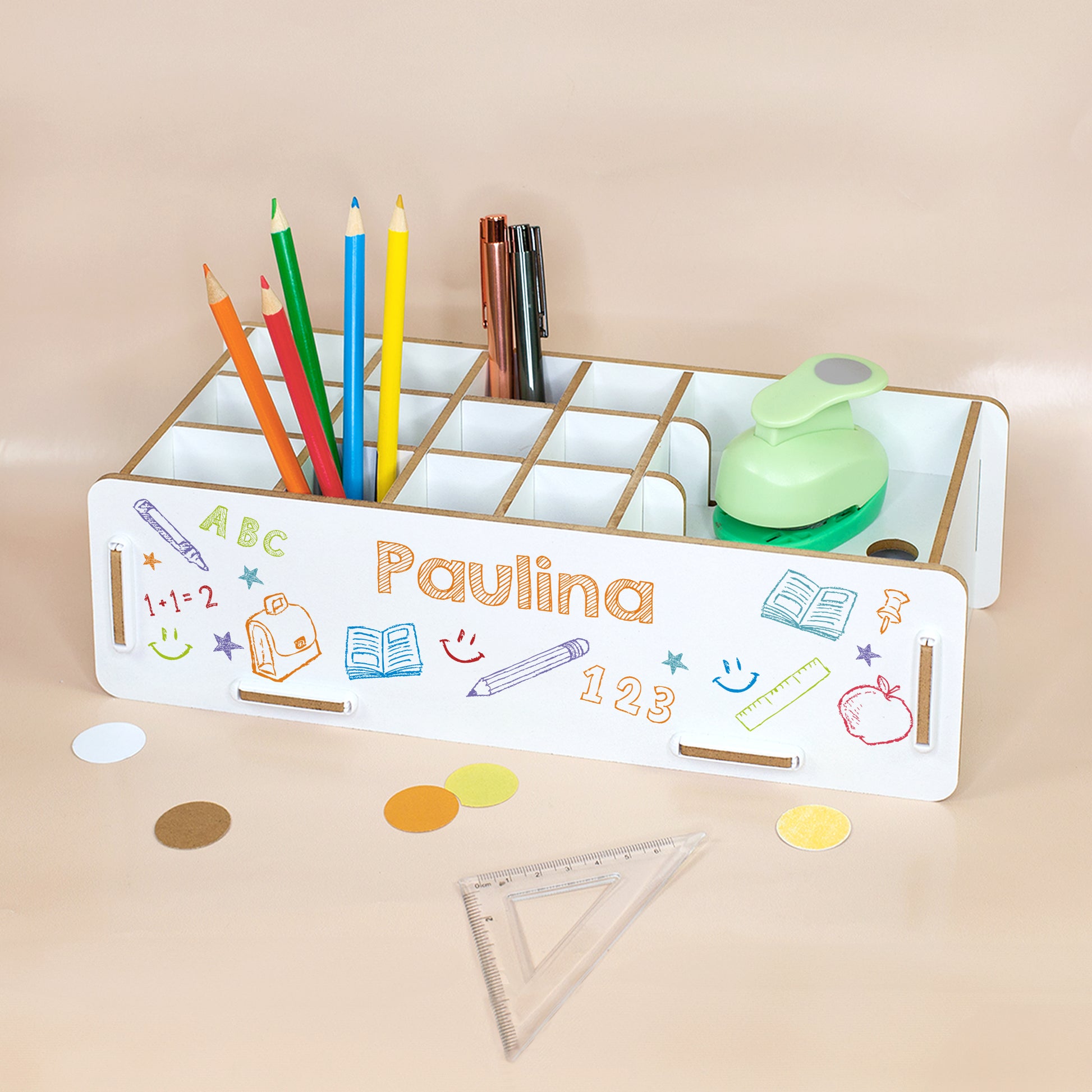 Weiße Stiftebox mit Name Paulina, 16 Fächern und buntem Schuldesign