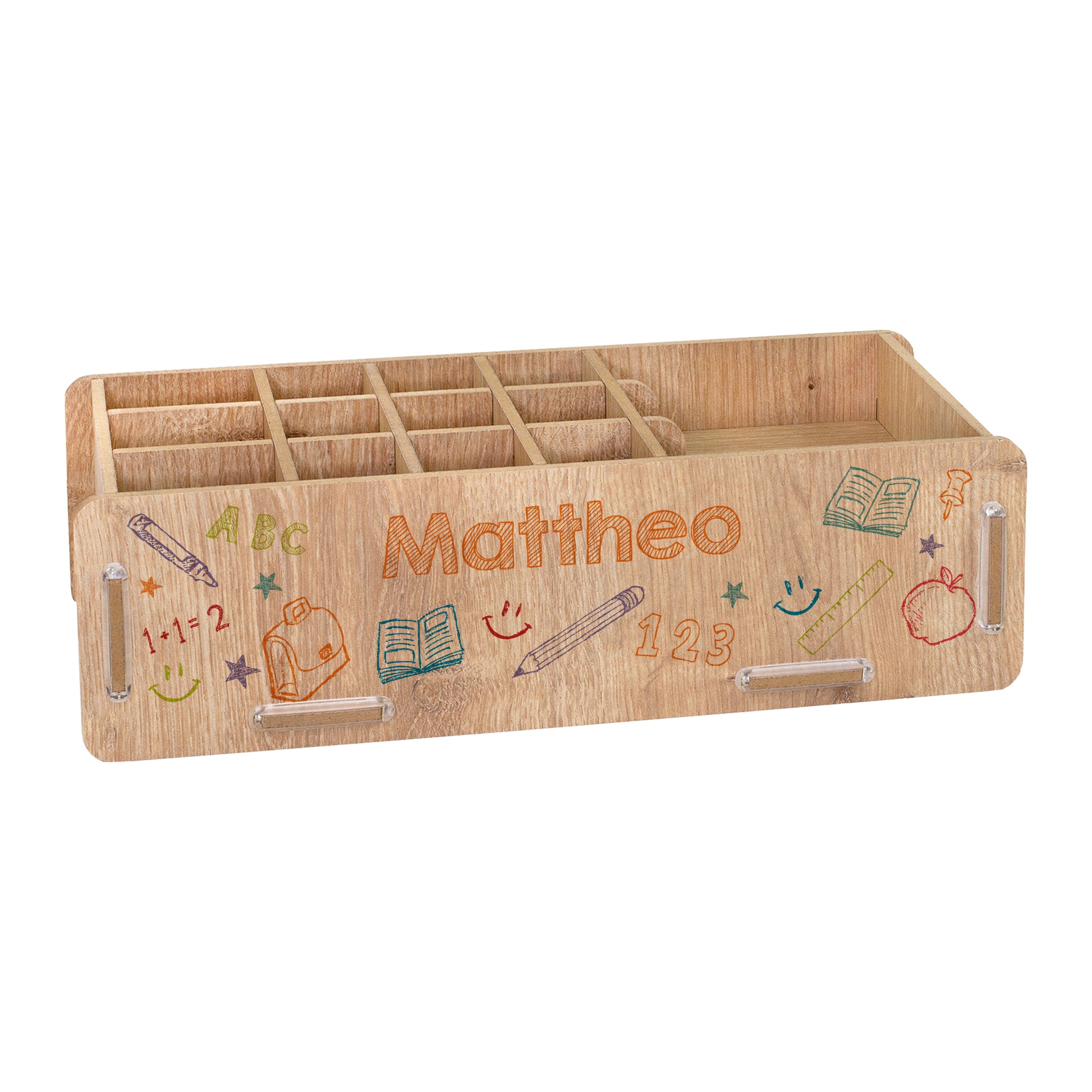 Personalisierte Stiftebox in Holzoptik mit Name Mattheo und Schulmotiven freigestellt