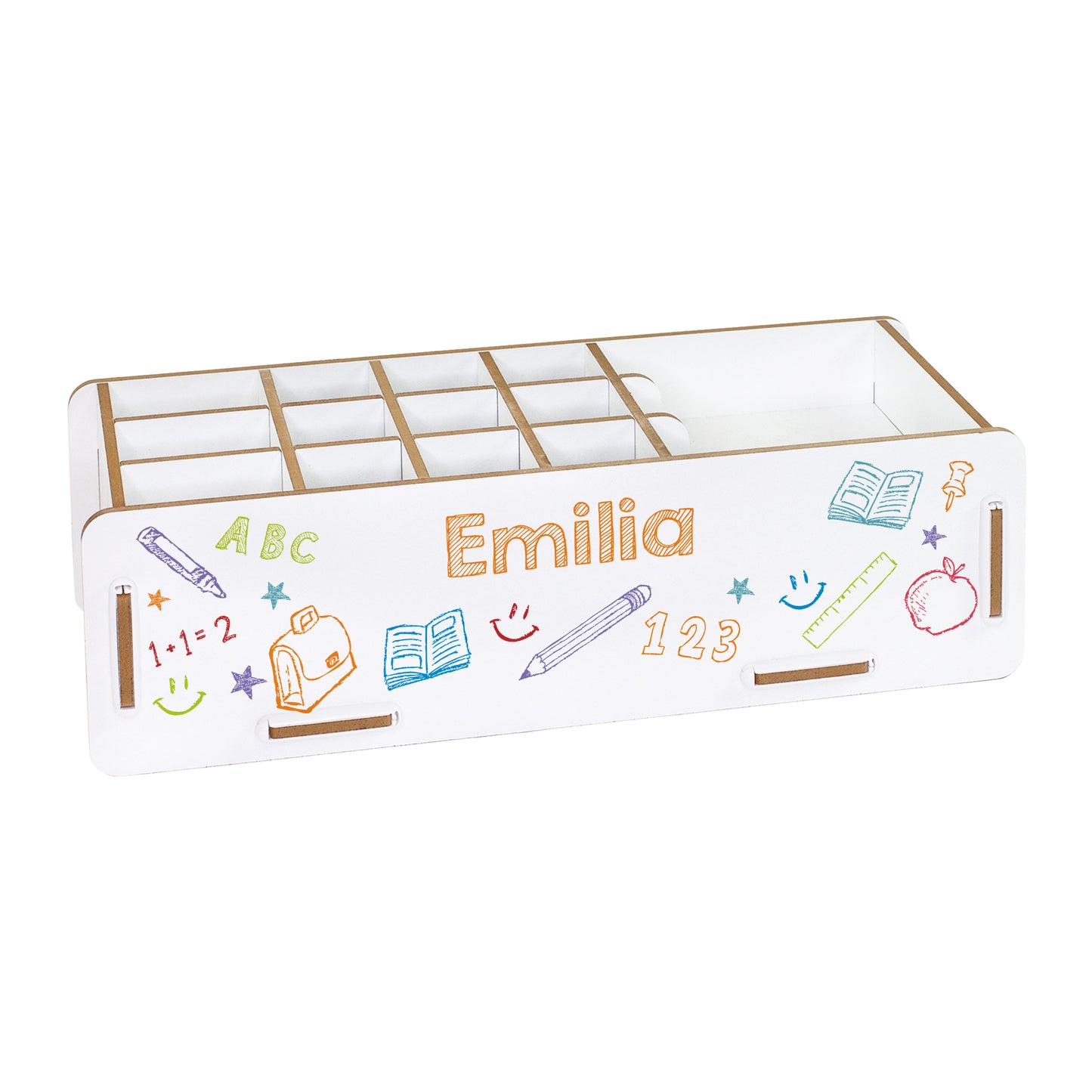 Weiße personalisierte Stiftebox mit Name Emilia und bunten Schulillustrationen freigestellt