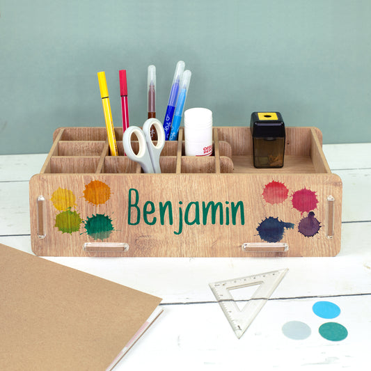 Stiftebox in Holzoptik mit Name Benjamin als Organizer für Schreibtisch und Schulutensilien