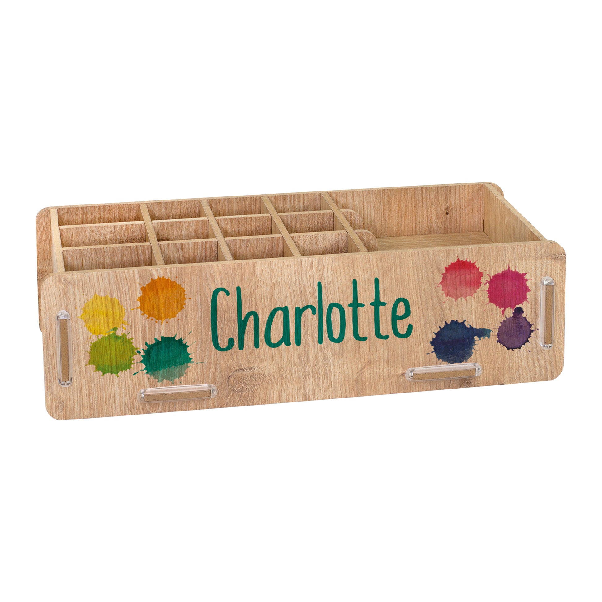 Personalisierte Stiftebox in Holzoptik mit Name Charlotte und Farbklecks-Design freigestellt
