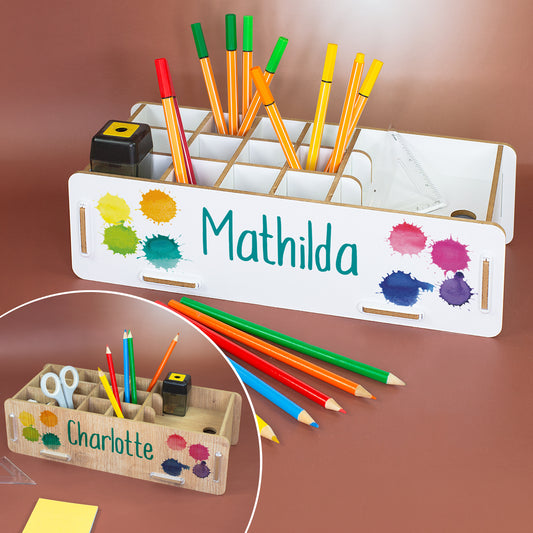 Produktvorschau der personalisierten Stiftebox in Weiß und Holzoptik mit Farbklecks-Design