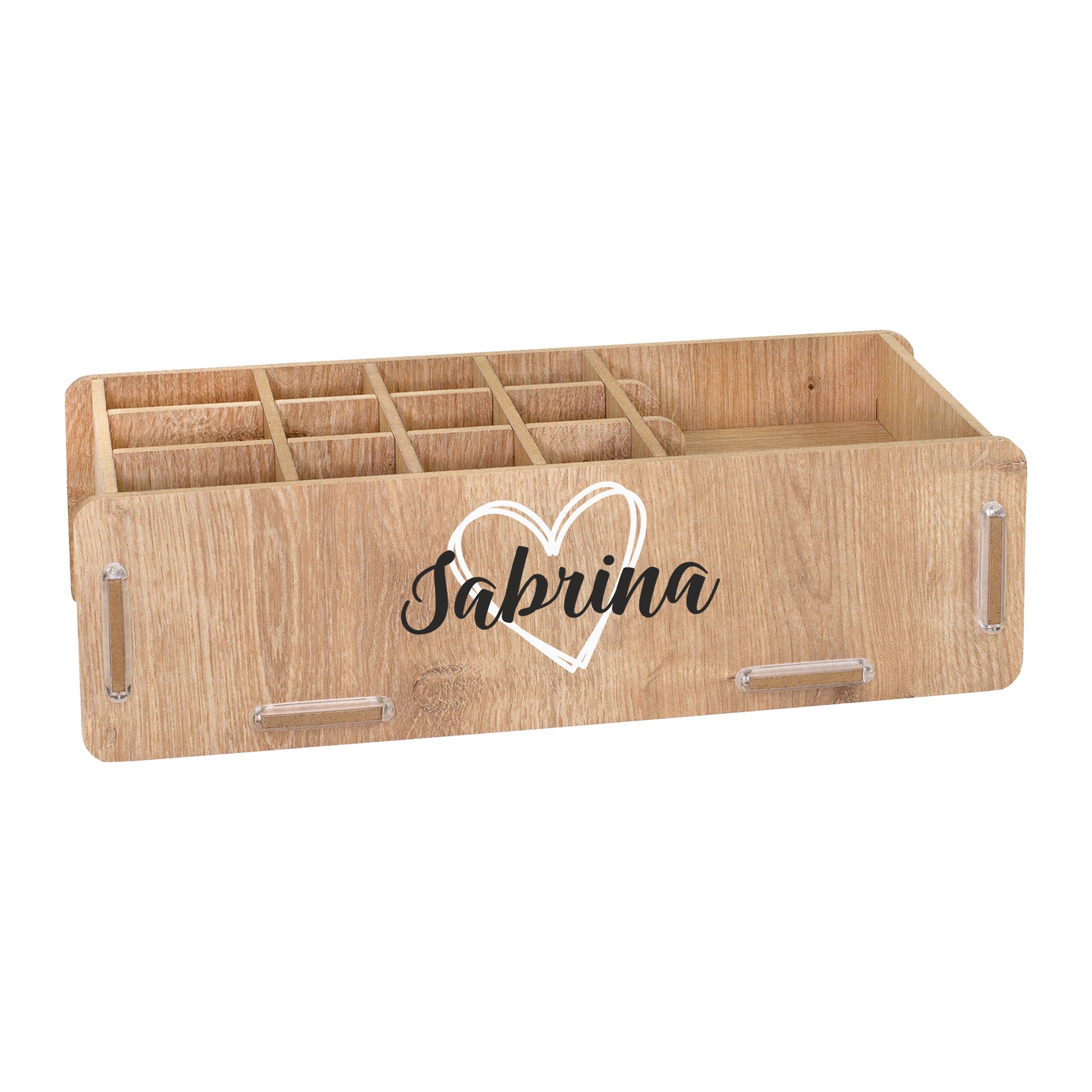 Freigestellter Make-up Organizer in Eiche-Optik mit personalisiertem Namen Sabrina und 16 Fächern