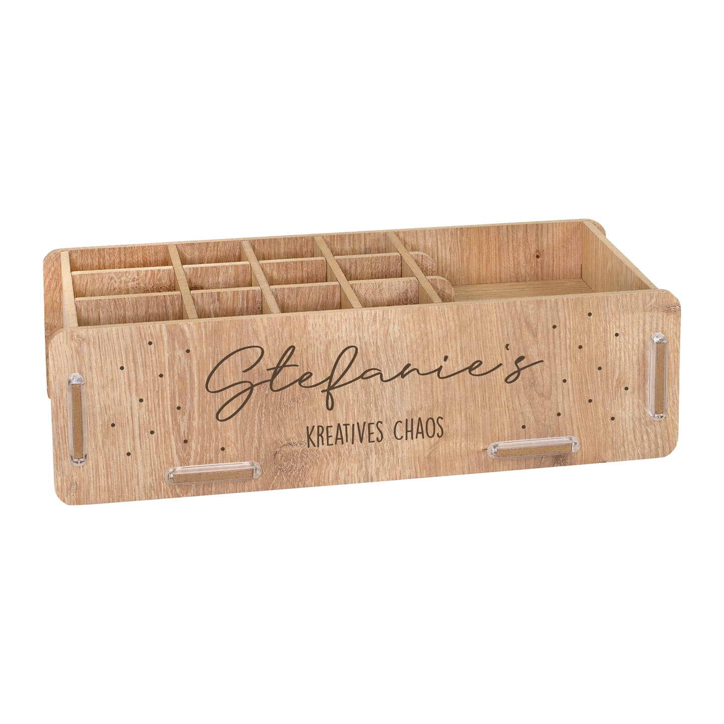 Stiftebox in Holzoptik mit Name Stefanie’s und Text Kreatives Chaos freigestellt
