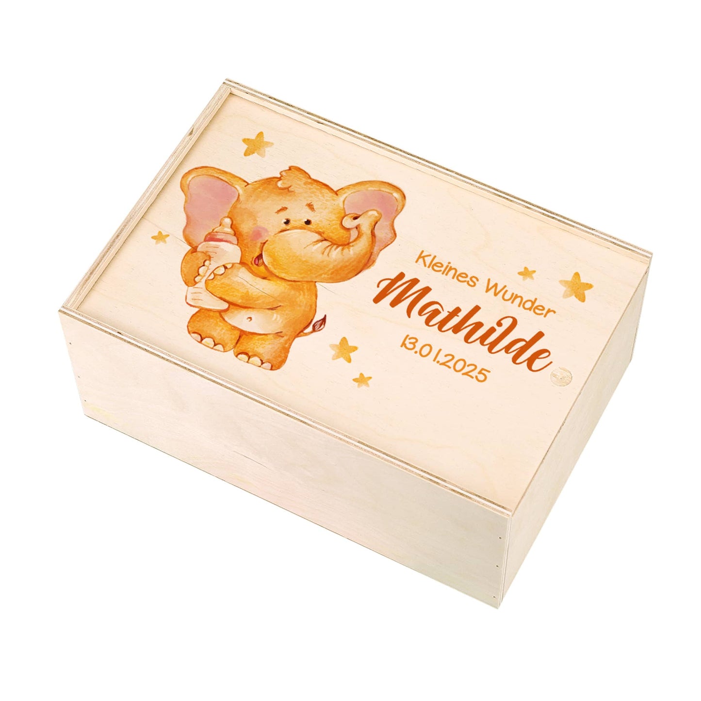 Erinnerungsbox mit Elefant, Wunschname und Geburtsdatum