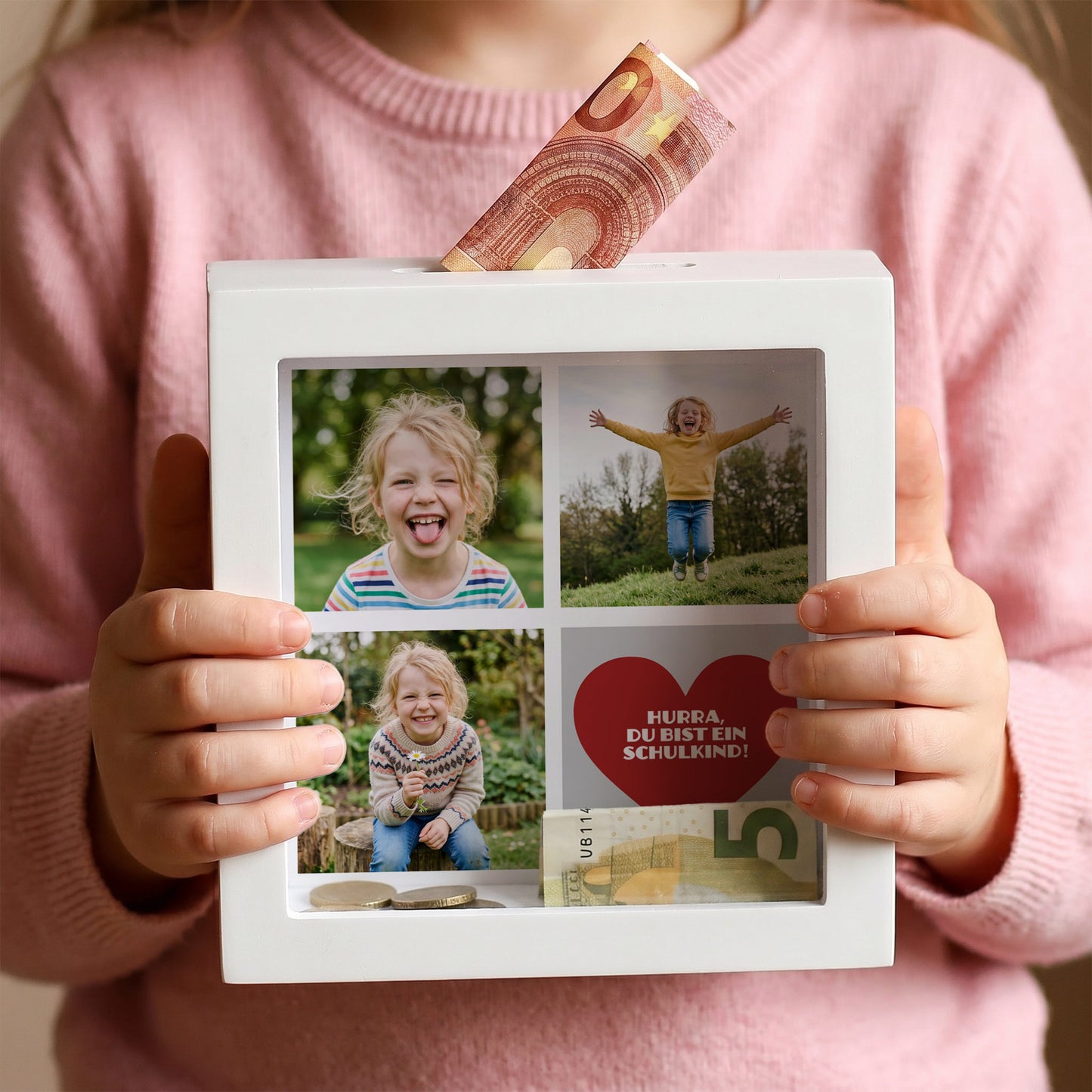 Bilderrahmenspardose mit Fotos und Wunschtext zur Einschulung