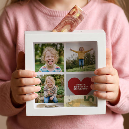 Bilderrahmenspardose mit Fotos und Wunschtext zur Einschulung