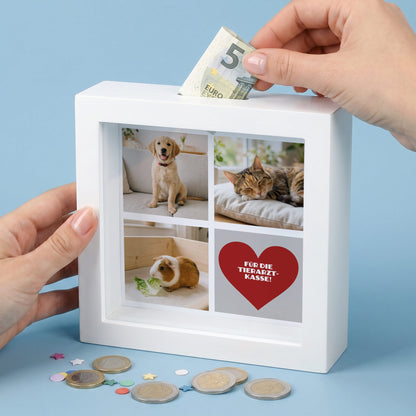 Haustier-Kasse  als Bilderrahmenspardose mit Fotos und Wunschtext