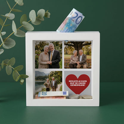 Geldgeschenk zum Jubiläum mit Fotos und Wunschtext.