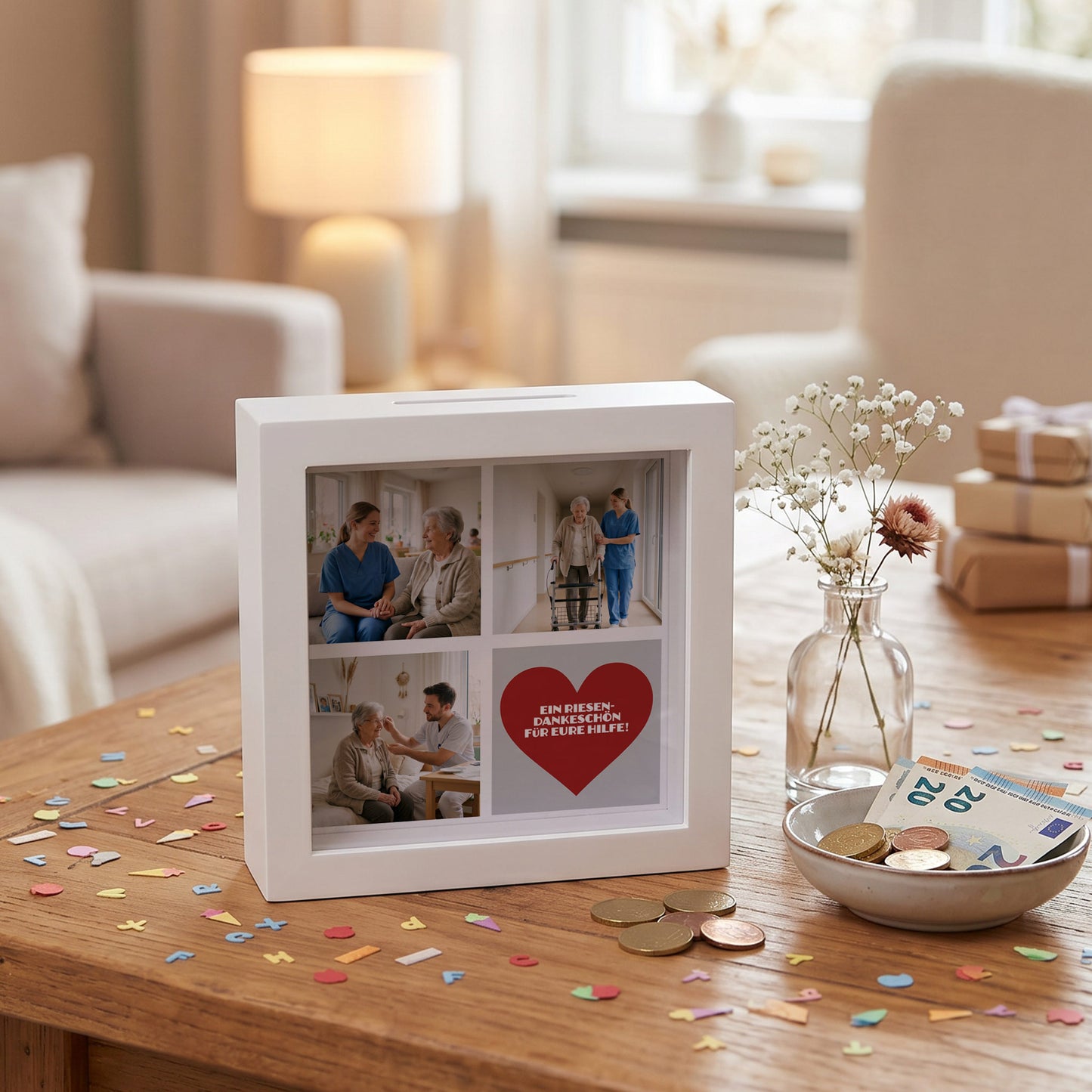 Bilderrahmen Spardose mit Fotos und Wunschtext als Dankeschön