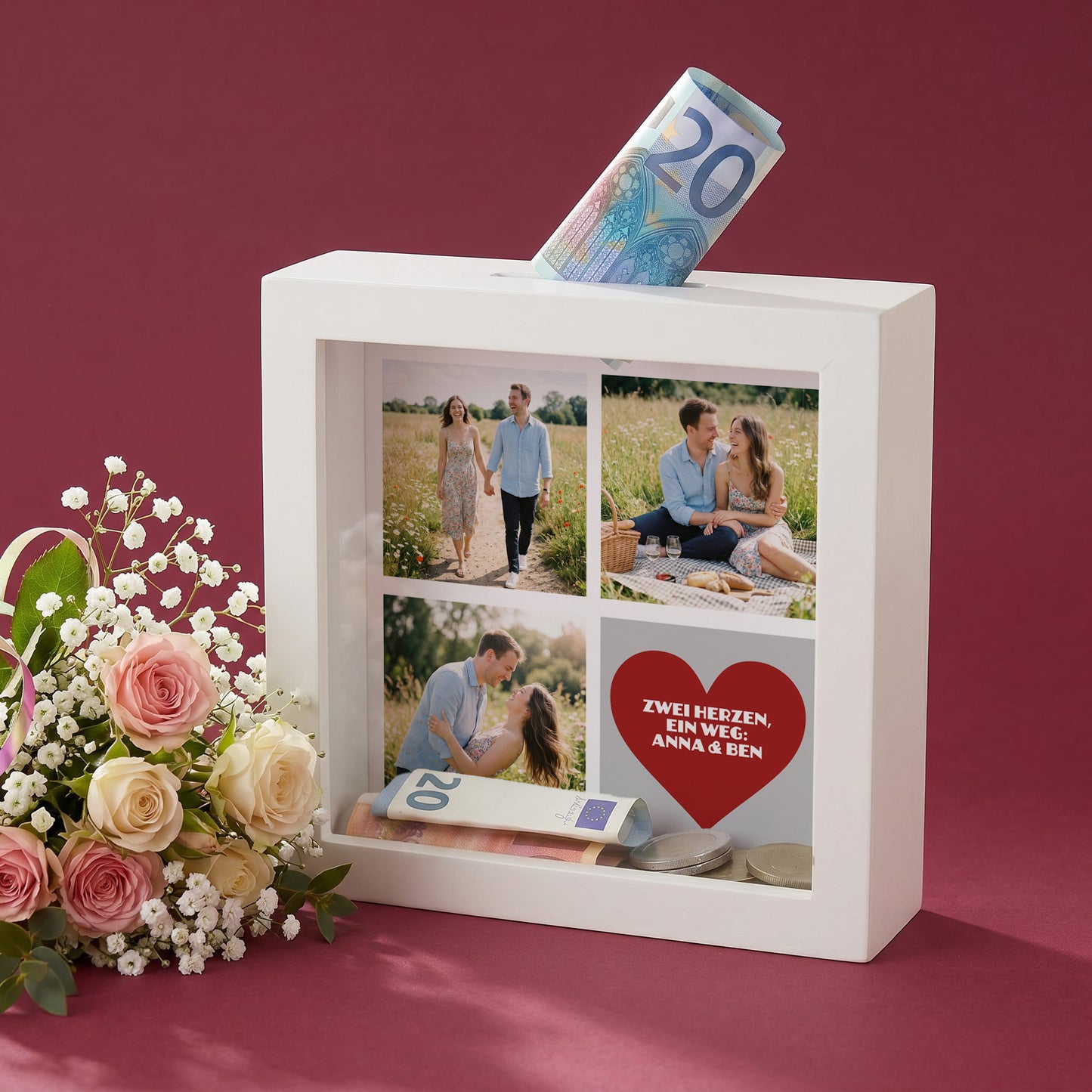 Verpackung für ein Geldgeschenk zur Hochzeit mit Fotos und Wunschtext